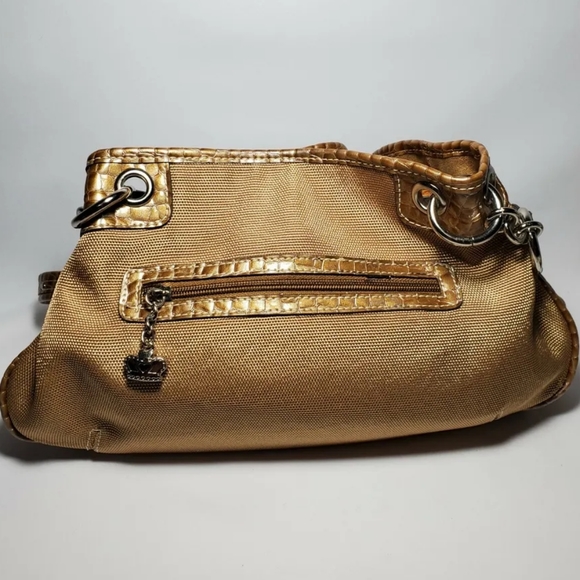 🐰☮VINTAGE☮ KATHY VAN ZEELAND Gold Fabric/Croc Leather Hobo - Picture 12 of 13
